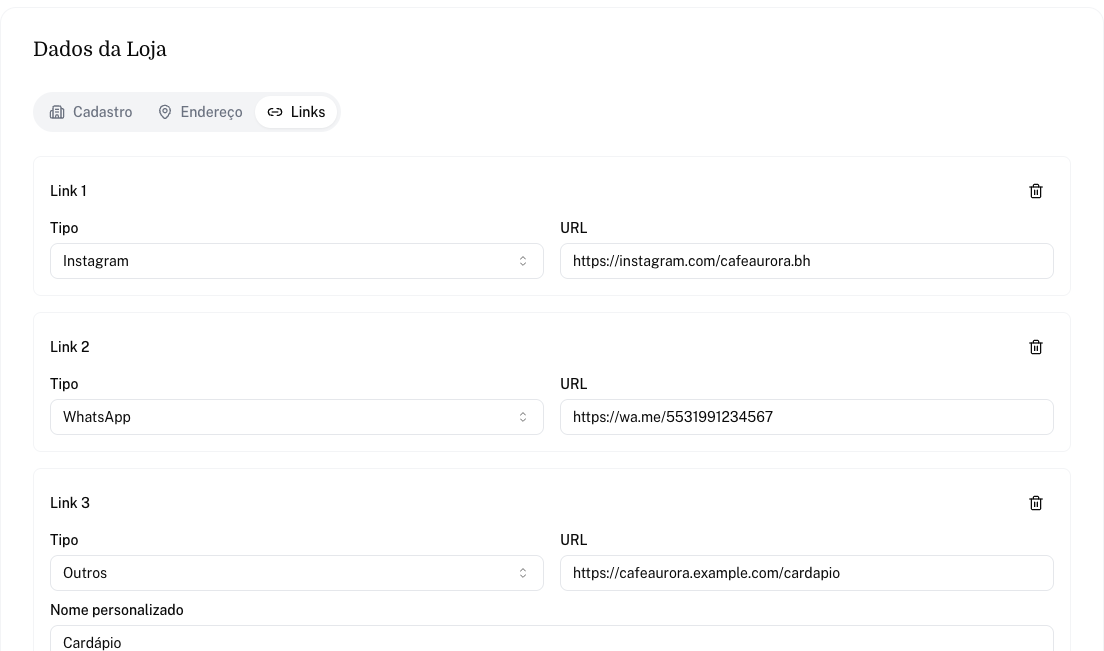 Aba Links do card Dados da Loja com Instagram, WhatsApp e um link Outros com nome personalizado