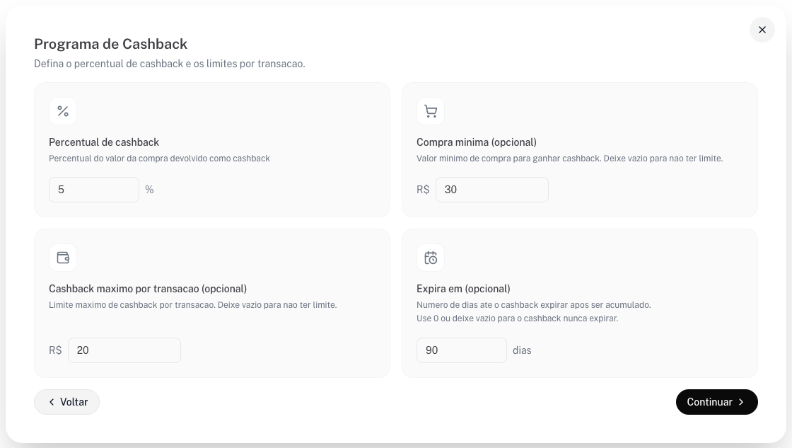 Tela Programa de Cashback com 5%, compra mínima R$ 30,00, teto R$ 20,00 e expiração em 90 dias