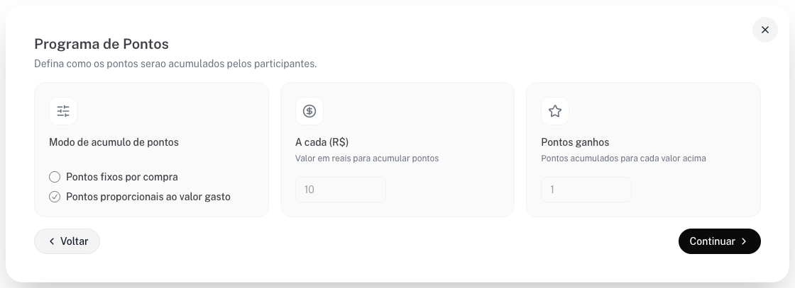 Tela Programa de Pontos com modo proporcional, a cada R$ 10,00 e 1 ponto ganho