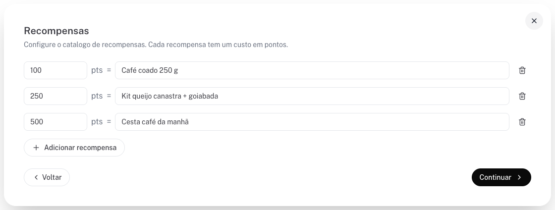 Tela Recompensas com três recompensas de 100, 250 e 500 pontos