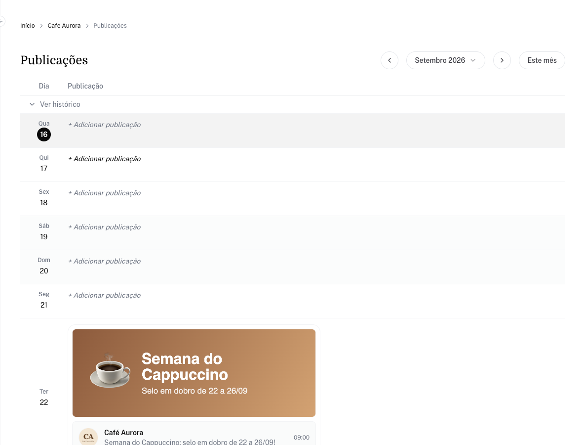 Calendário de Publicações com dias vazios e o botão + Adicionar publicação