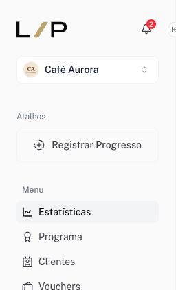 Menu lateral com a seção Atalhos e o botão Registrar Progresso