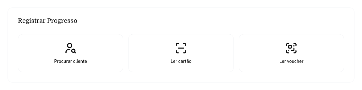 Tela Registrar Progresso com os botões Procurar cliente, Ler cartão e Ler voucher