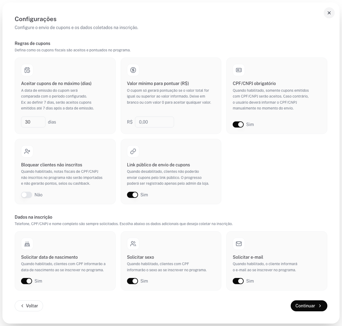 Etapa Configurações com as seções Regras de cupons e Dados na inscrição