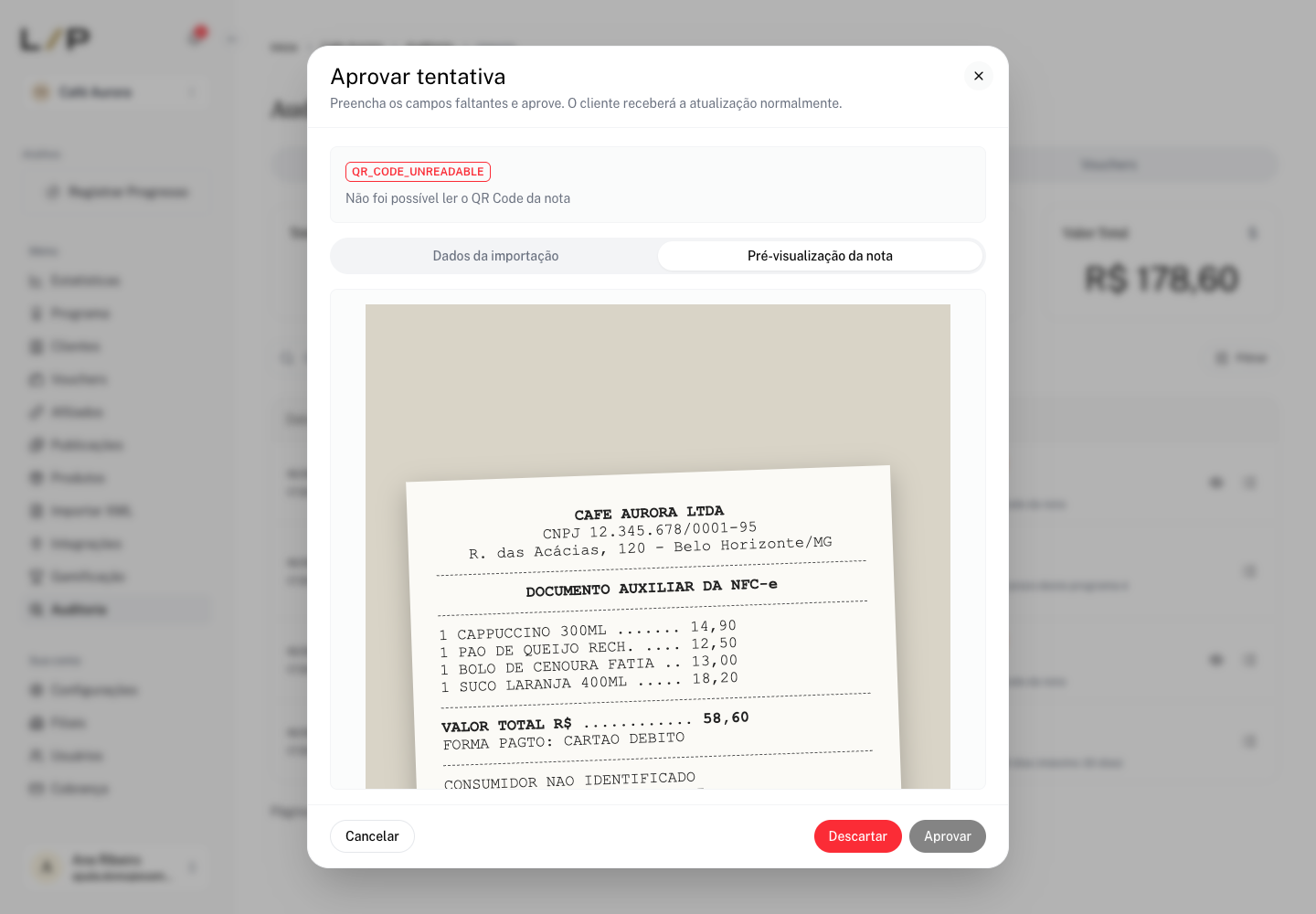 Janela Aprovar tentativa na aba Pré-visualização da nota com a foto do cupom