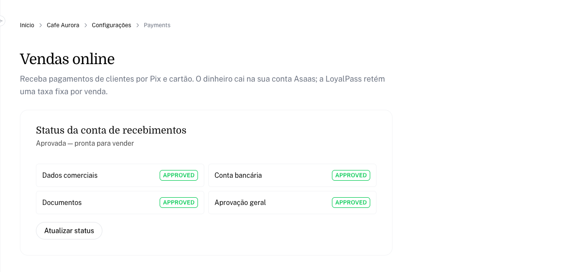 Tela Vendas online com o status Aprovada — pronta para vender e as etapas concluídas
