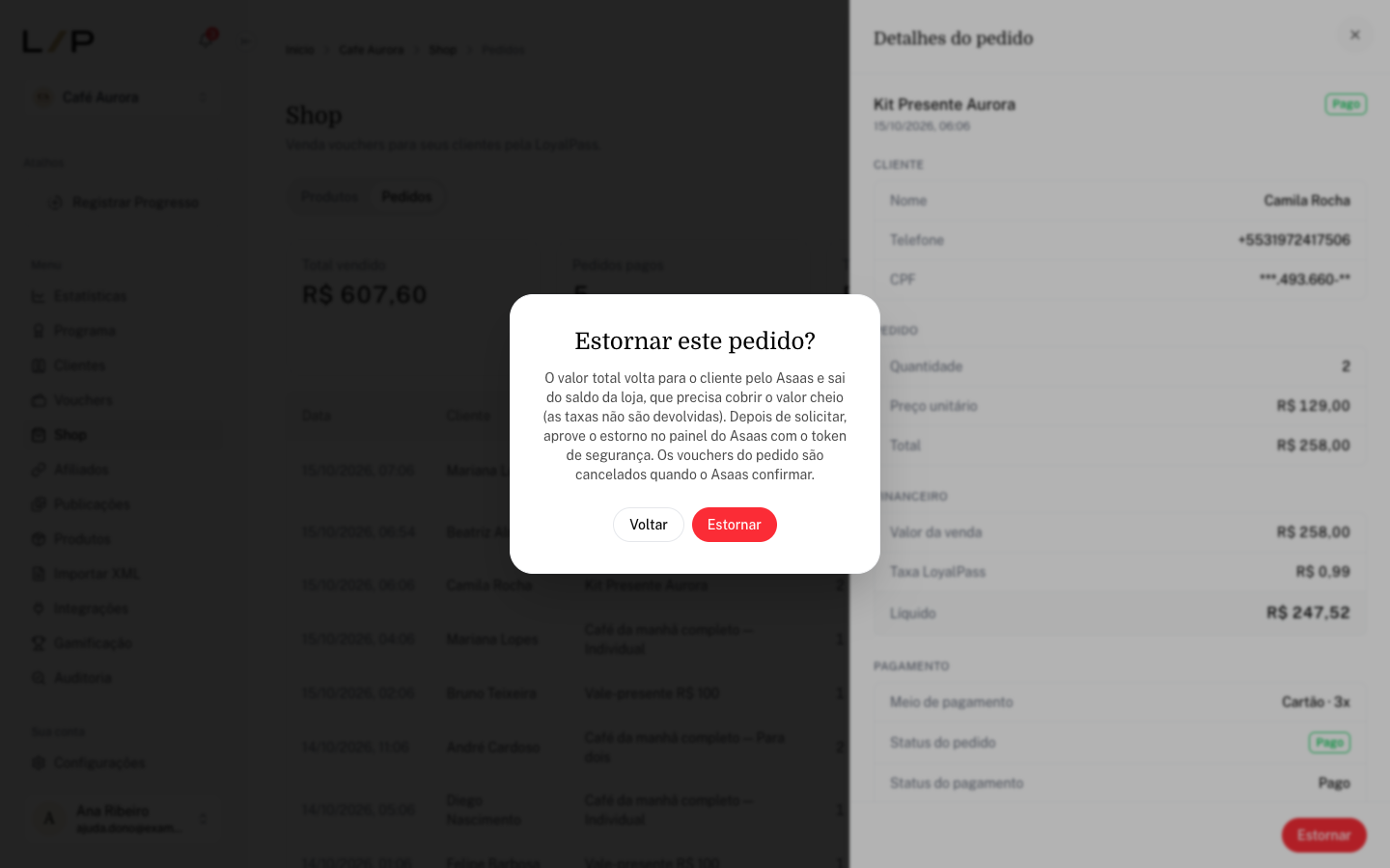 Confirmação Estornar este pedido? sobre os detalhes de um pedido pago