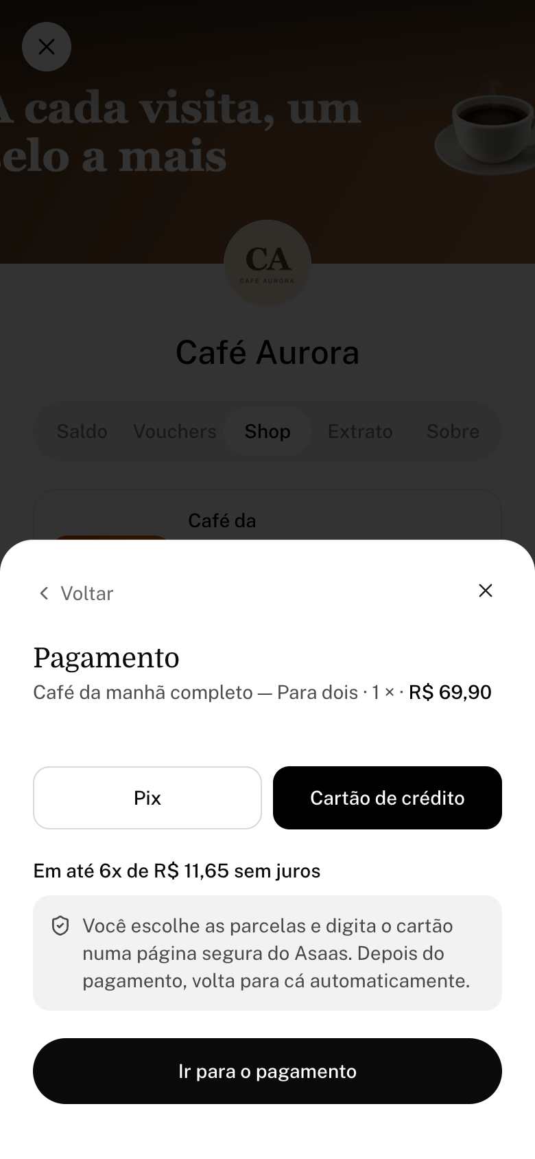 Etapa Pagamento no celular com Pix, Cartão de crédito e a linha Em até 6x sem juros