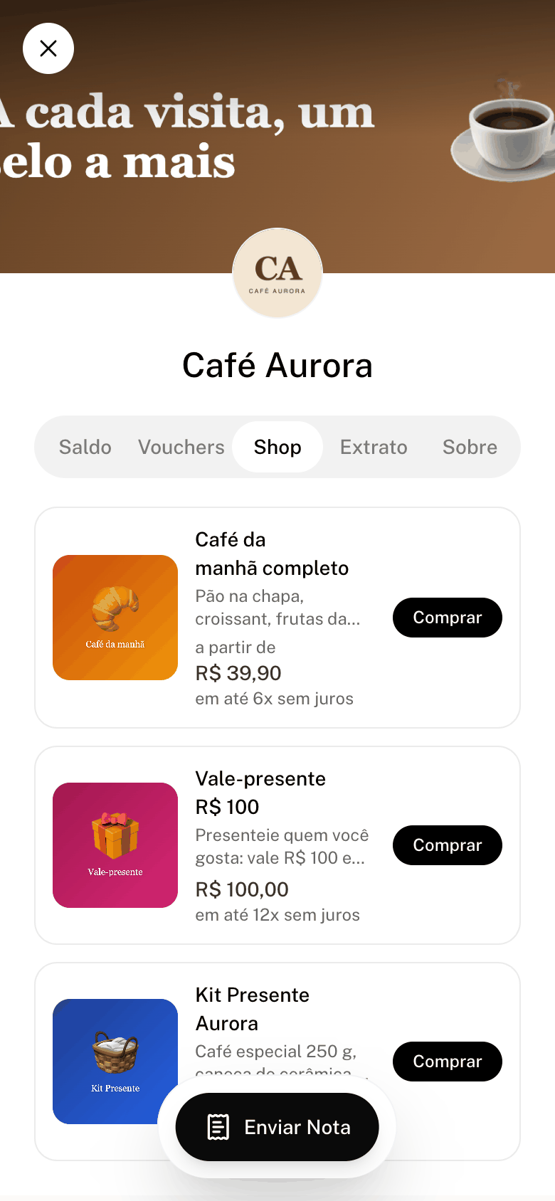 Aba Shop na área do cliente pelo celular, com os produtos à venda e o botão Comprar