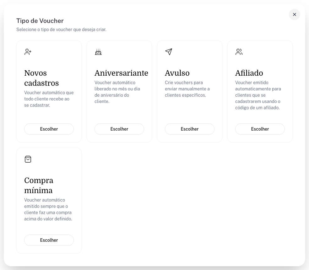 Tela Tipo de Voucher com os cinco tipos e os botões Escolher
