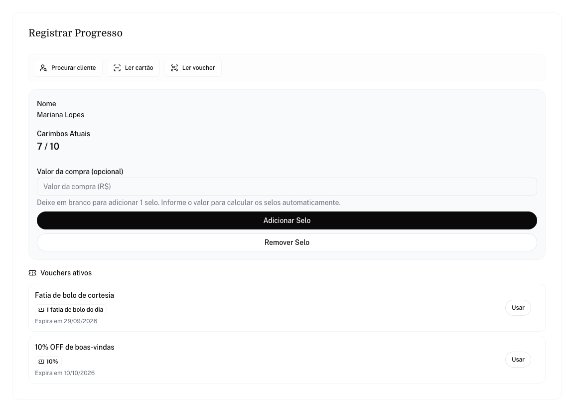 Lista Vouchers ativos do cliente com o botão Usar