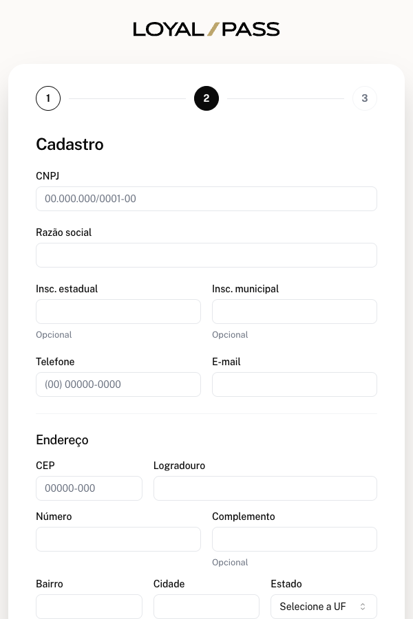 Tela Criar Loja na etapa Dados da empresa, com o indicador das 3 etapas no topo