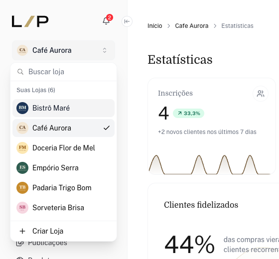 Seletor de lojas aberto com a lista Suas Lojas, o campo Buscar loja e o botão Criar Loja